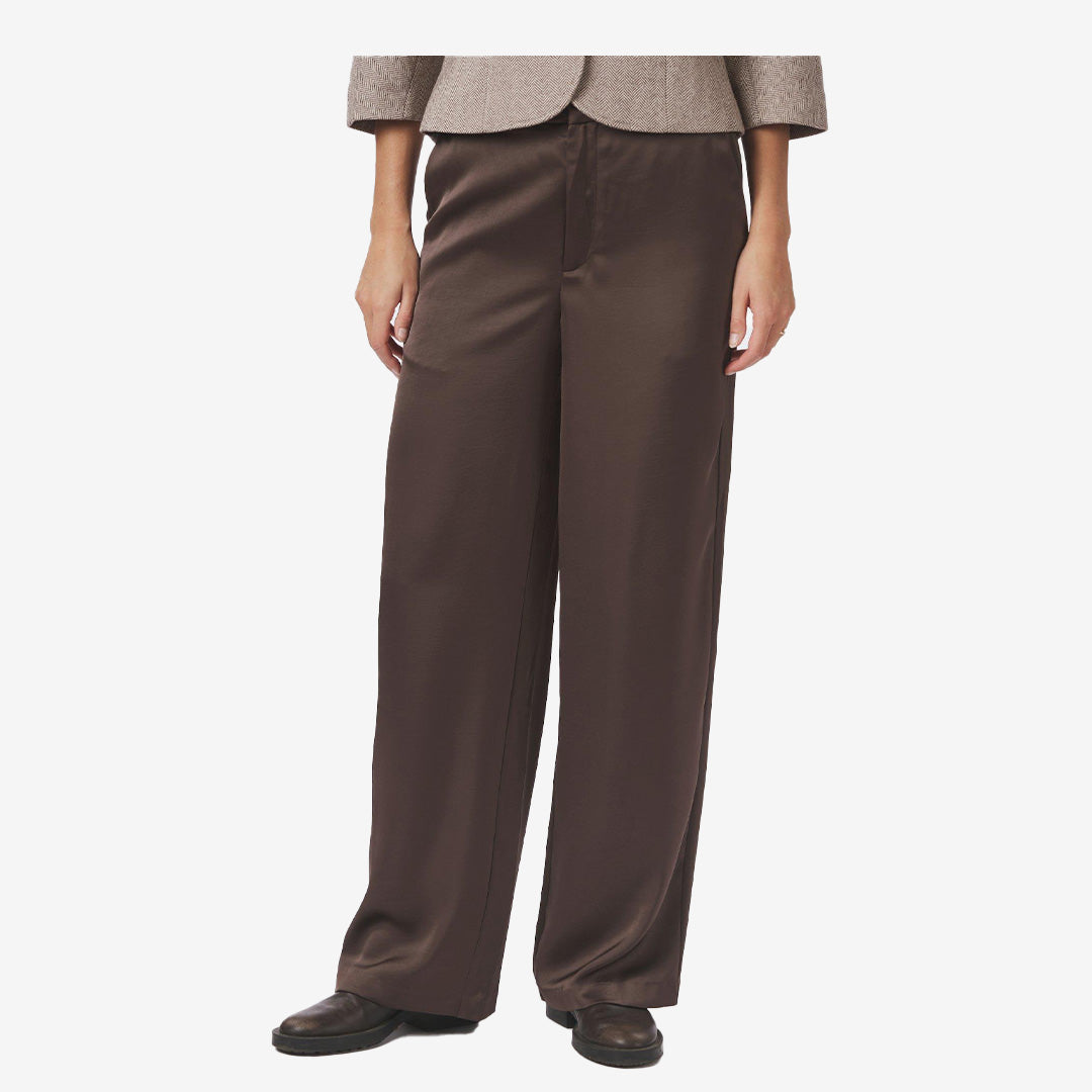 Mörkbruna högmidjade byxor i kraftig satin med vid passform