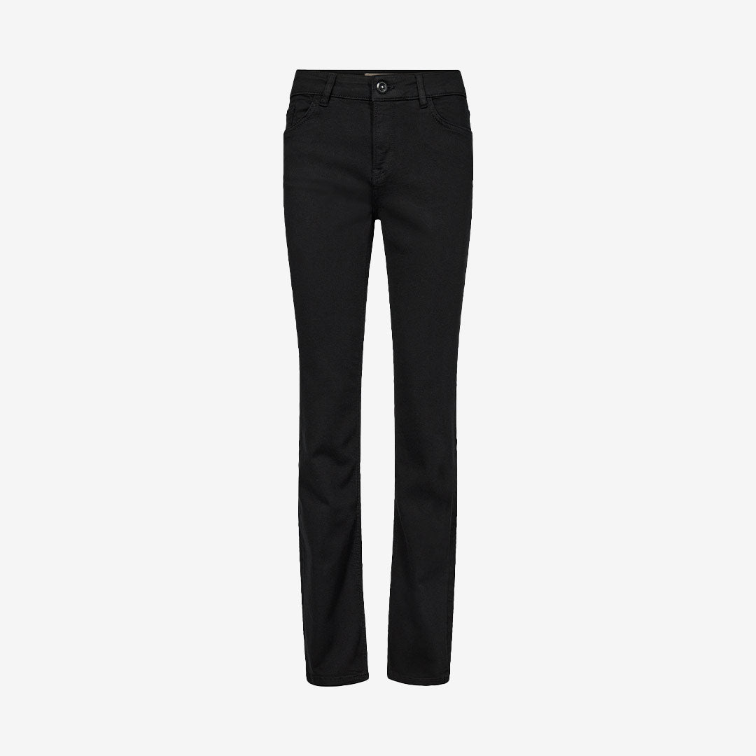 Flare jeans i mörk denim med hög midja och kontrastsömmar – dammodell från Mos Mosh