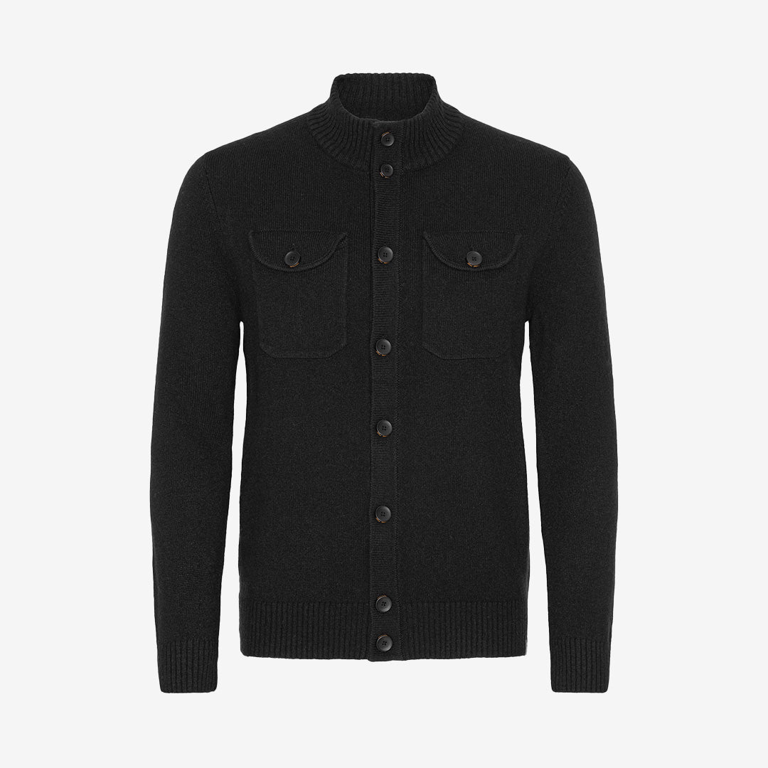 Svart cardigan i ullblandning med polokrage och fickor – Pocket Cardigan