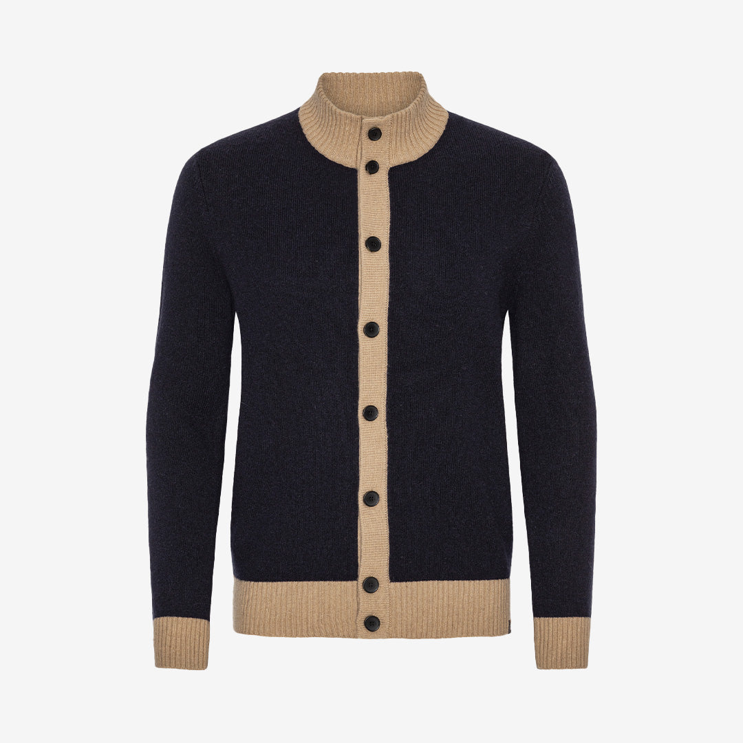 Marinblå kabelstickad cardigan med kontrasterande beige detaljer – Two Color Cardigan