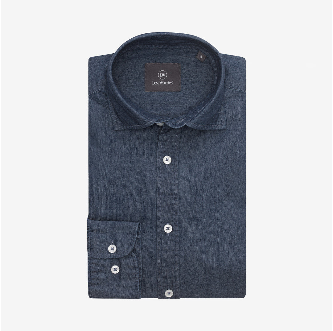 Denimblå jeansskjorta i tvättad bomull med button-down-krage – Dressed Denim Shirt
