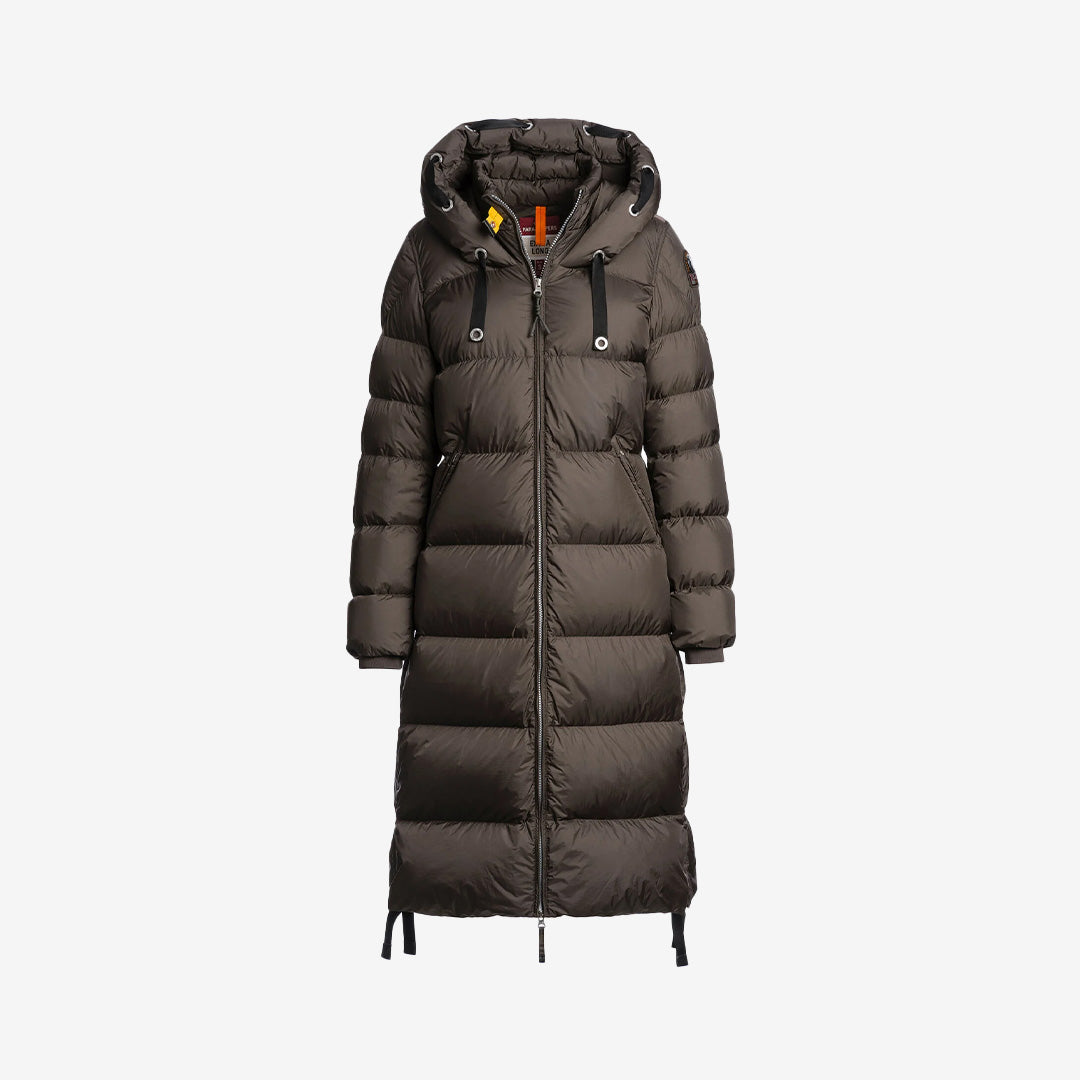 Panda lång dunjacka i Earth Brown med huva och värmande dunfyllning