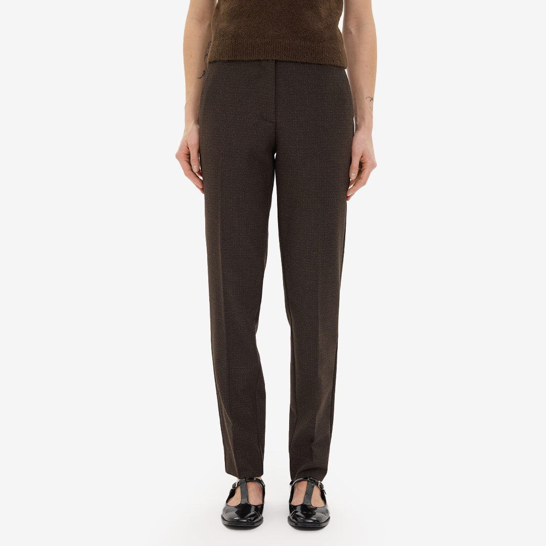 Five Units JuliaFV byxor i mocca rutig melerad twill med avsmalnande passform och pressveck – mid-waist.