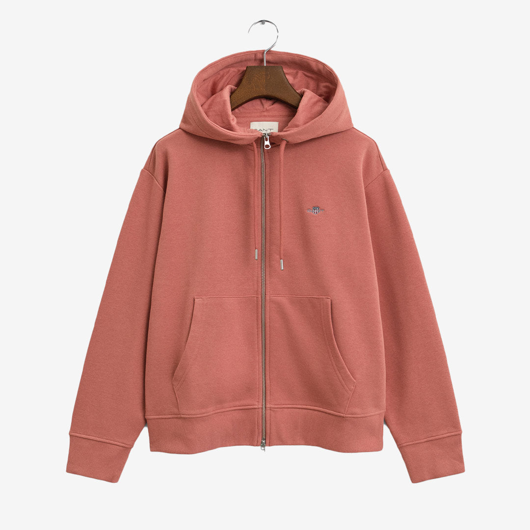 GANT hoodie för dam i röd bomullsfleece med dragkedja, känguruficka och broderad logotyp