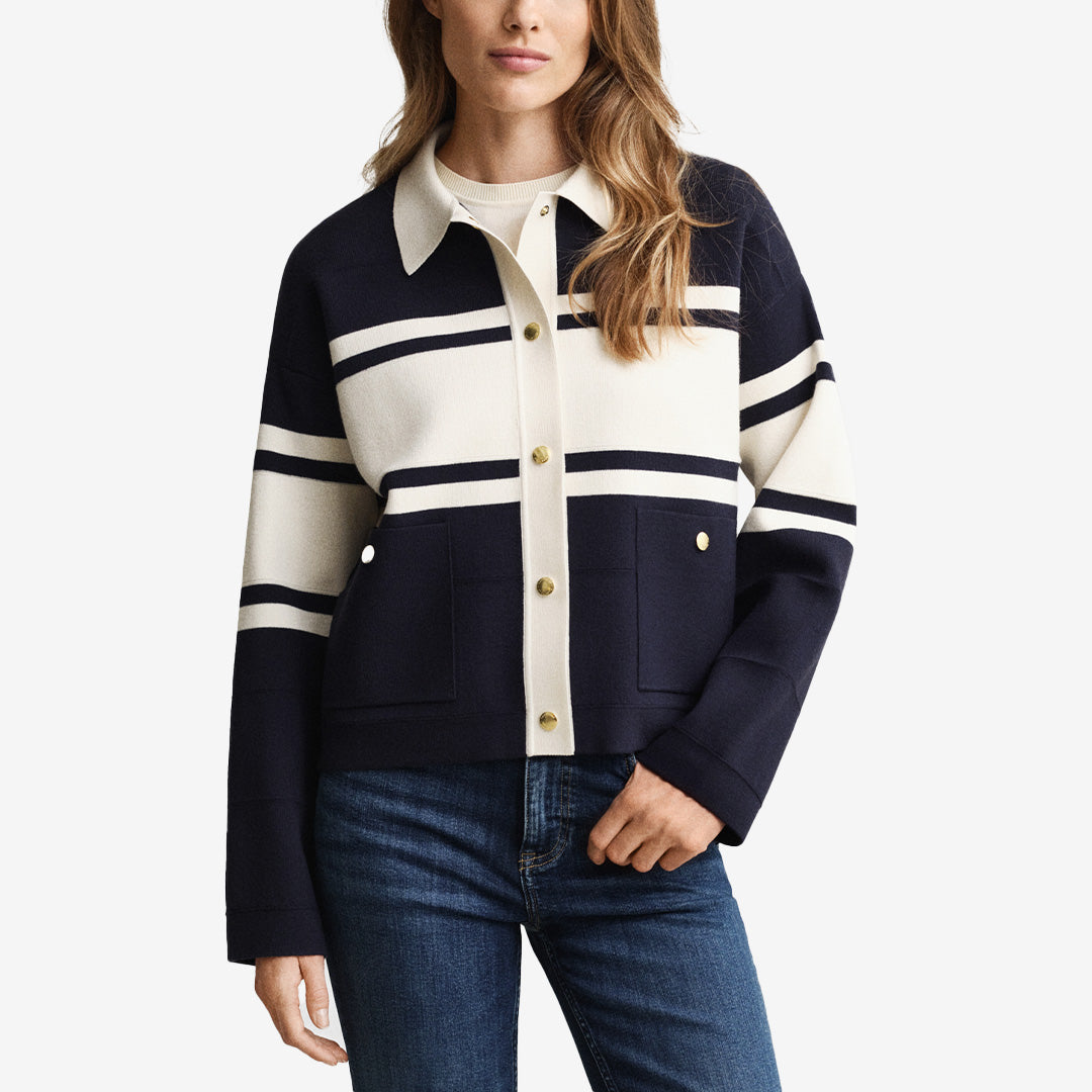 Gant Color Blocked Cardigan i Evening Blue med blockränder och framfickor