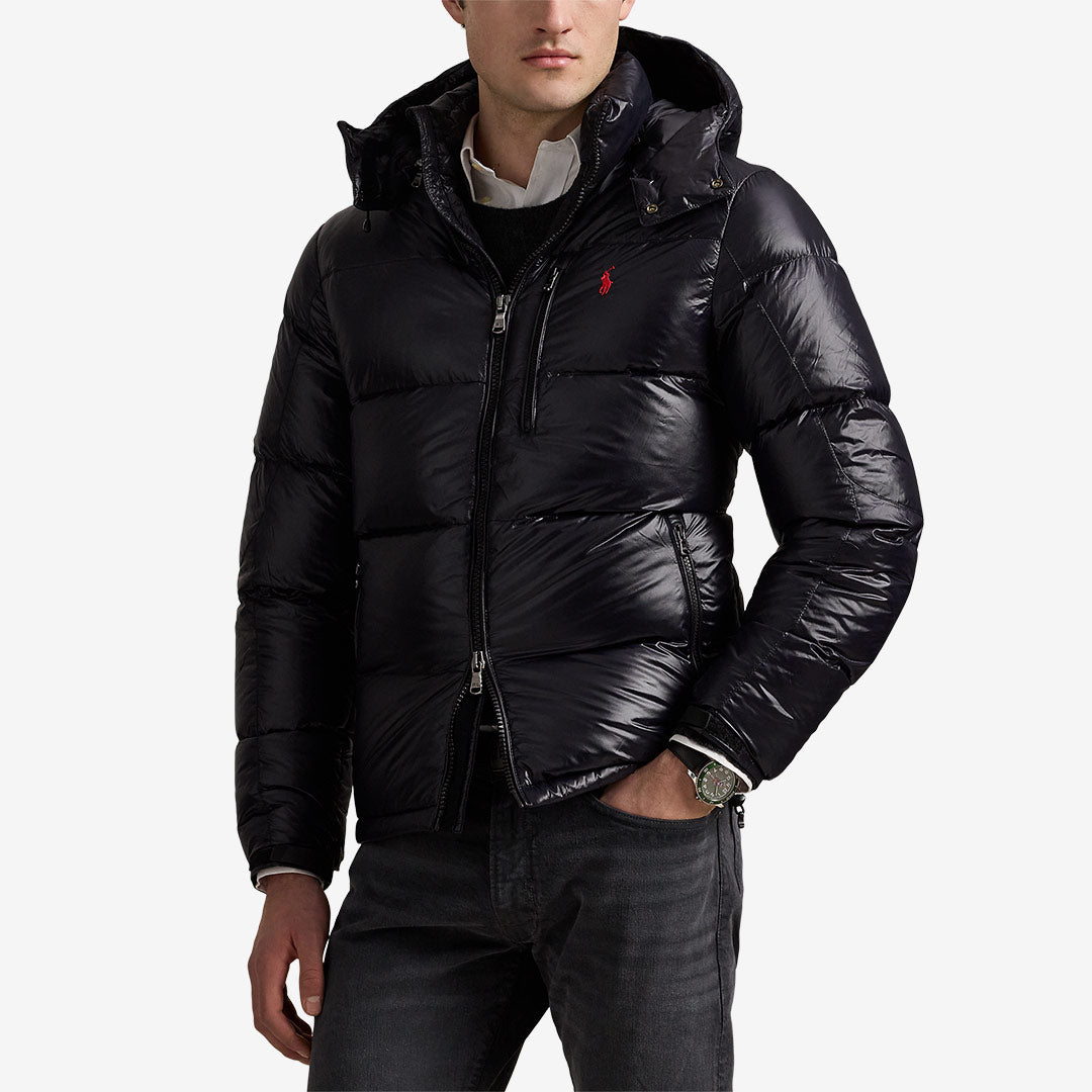 Ralph Lauren GRHM Glossy Bomber – glansig dunjacka i nylon med avtagbar huva och Pony-logga