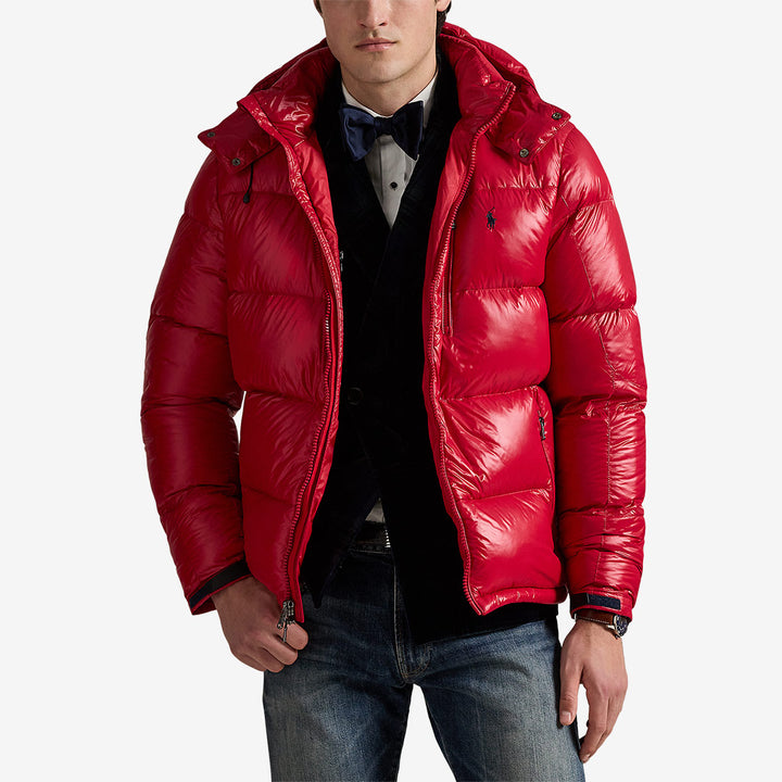 Ralph Lauren GRHM Glossy Bomber – glansig dunjacka i nylon med avtagbar huva och Pony-logga