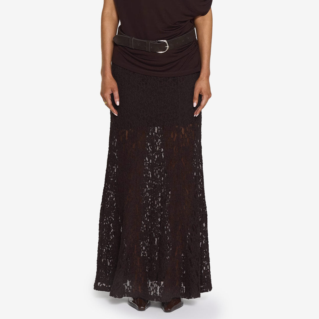 Akasha Lace Skirt – mocha brown spetskjol i A-linjeform med avtagbar underkjol