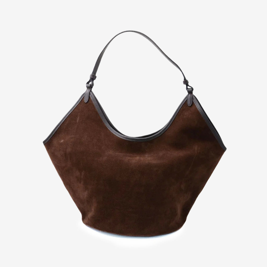 Ferrara shoppingväska i äkta mocka med nappaläderhandtag och dragkedja