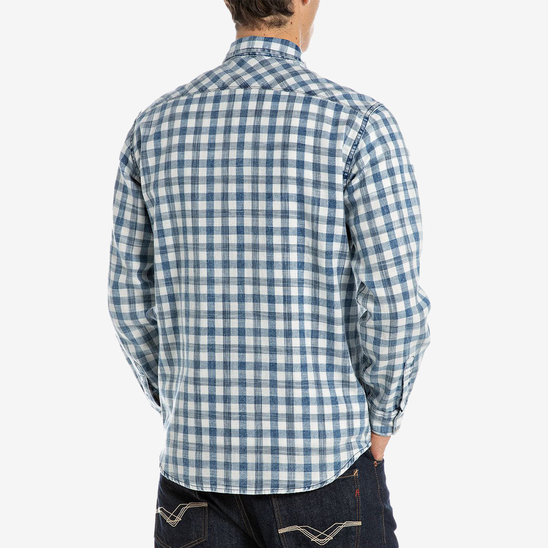 REGULAR_SLIM, BLEACHED INDIGO CHECKED COTTON
