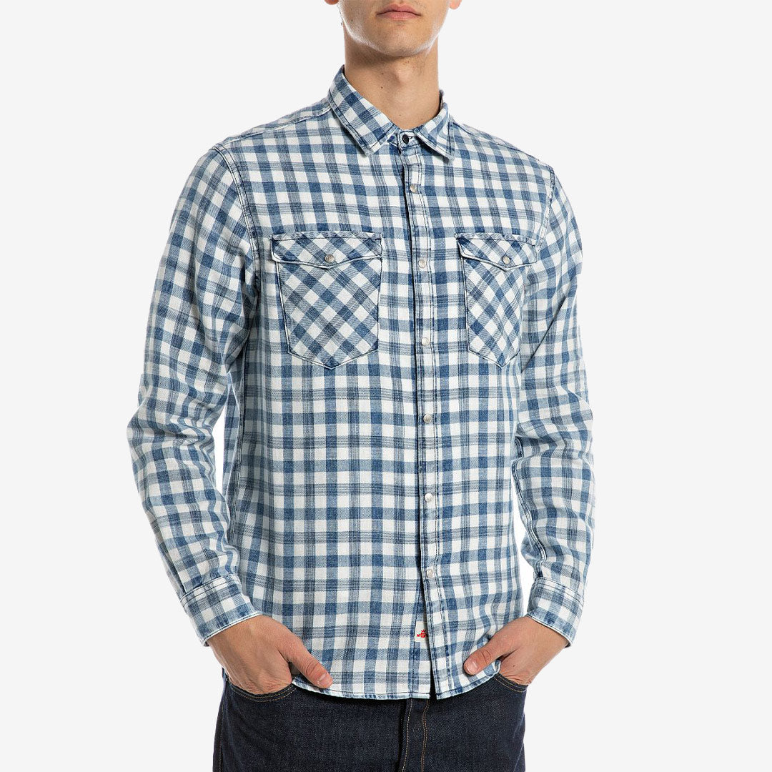 REGULAR_SLIM, BLEACHED INDIGO CHECKED COTTON