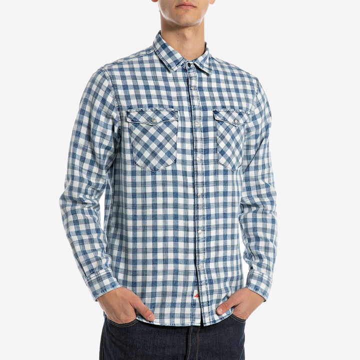 REGULAR_SLIM, BLEACHED INDIGO CHECKED COTTON