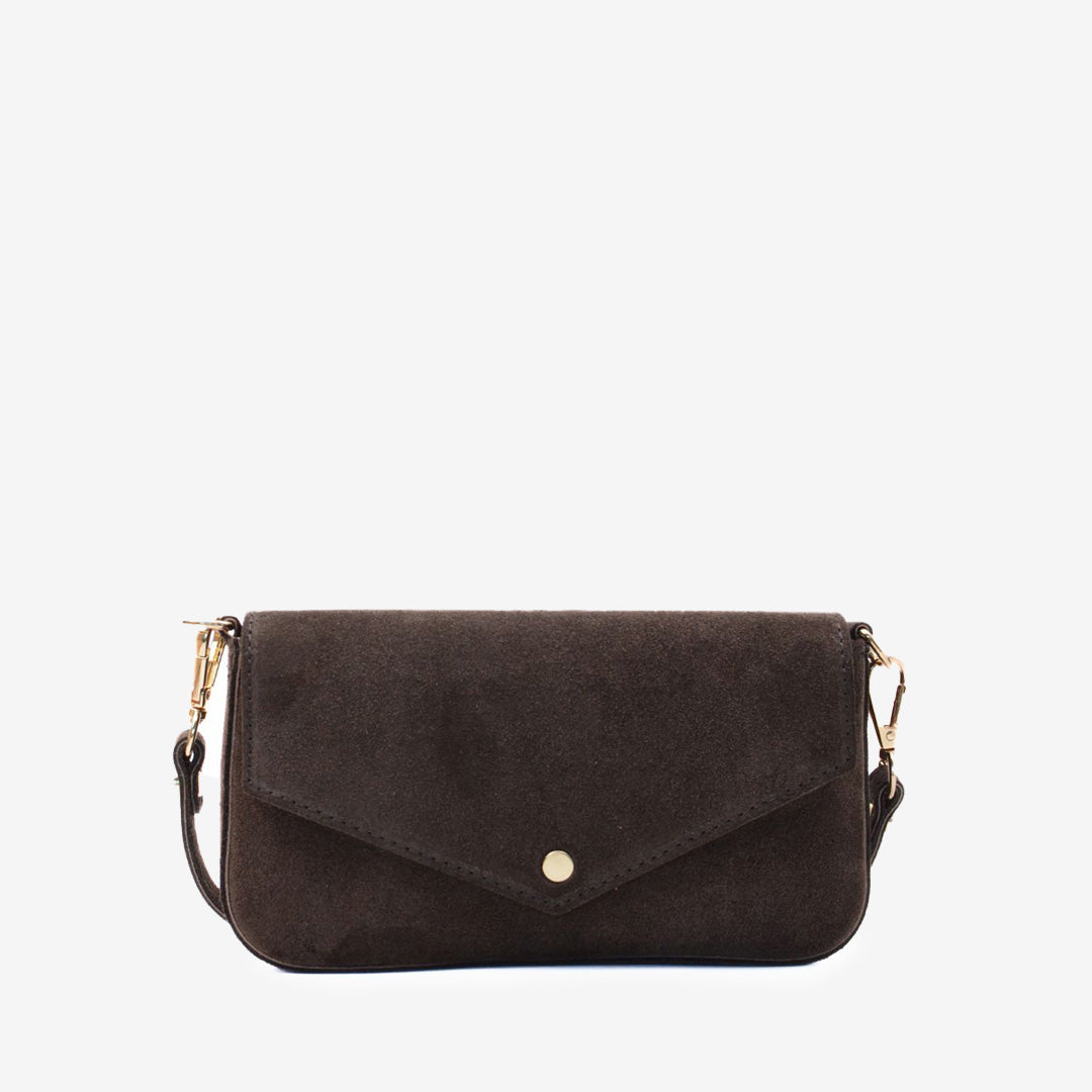 Mörkbrun mini-kuvertväska i mocka, liten clutch för fest eller vardag