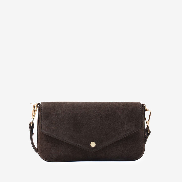 Mörkbrun mini-kuvertväska i mocka, liten clutch för fest eller vardag
