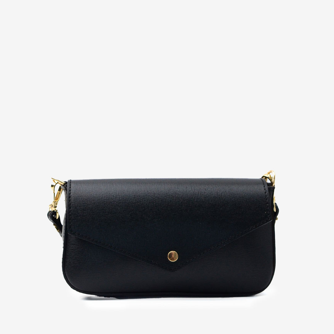 Latalia mini kuvertväska i svart saffiano-läder med kedjerem