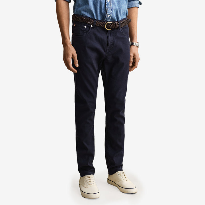 Slim cotton linen jeans i evening blue, linne och bomull med stretch