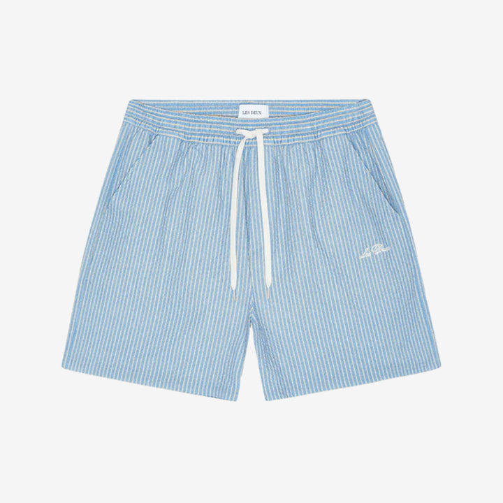 Stan Stripe Seersucker Swim Shorts i Allure Blue med randigt seersuckermaterial och elastisk midja