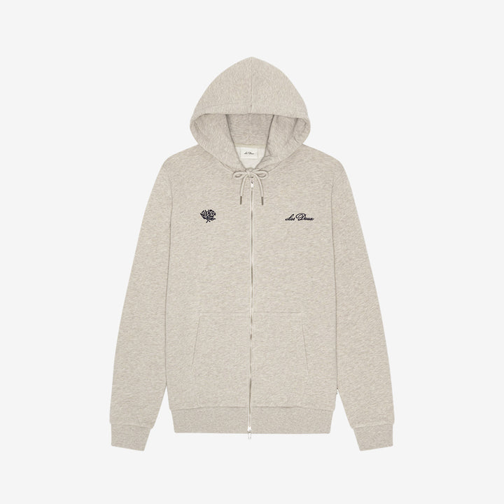Les Deux Deux Zipper Hoodie i Light Sand Melange med dragkedja, tillverkad i ekologisk bomull och klassisk passform.