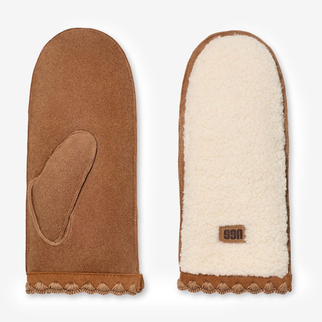 UGG Fluff Scalloped Mitten i läder med fleece och vågig kant vid handleden

