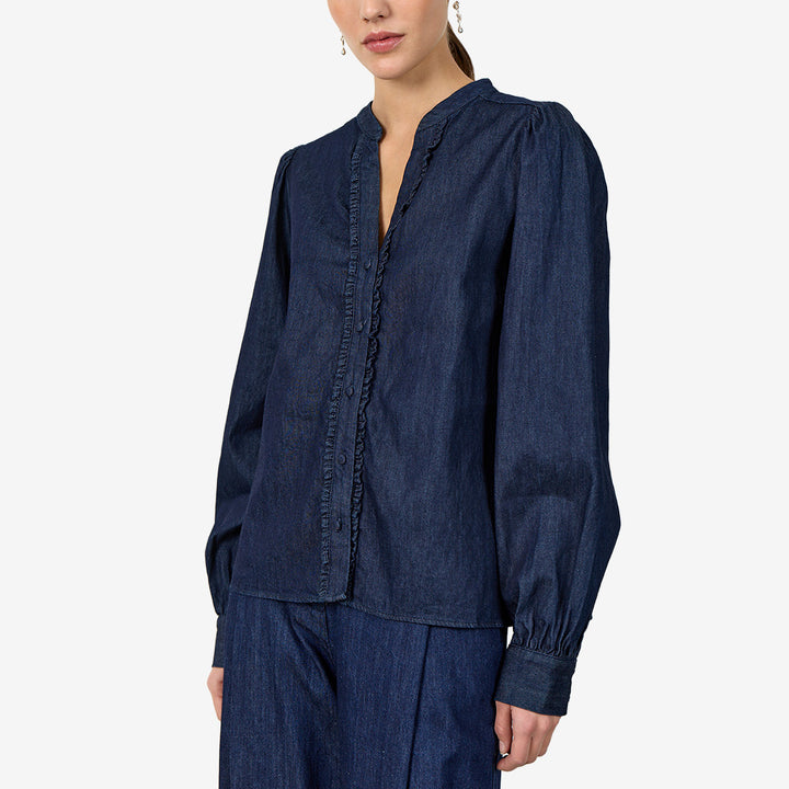 Mörkblå bomullsskjorta LR-PIETTA 2 med volangkrage och långa ärmar