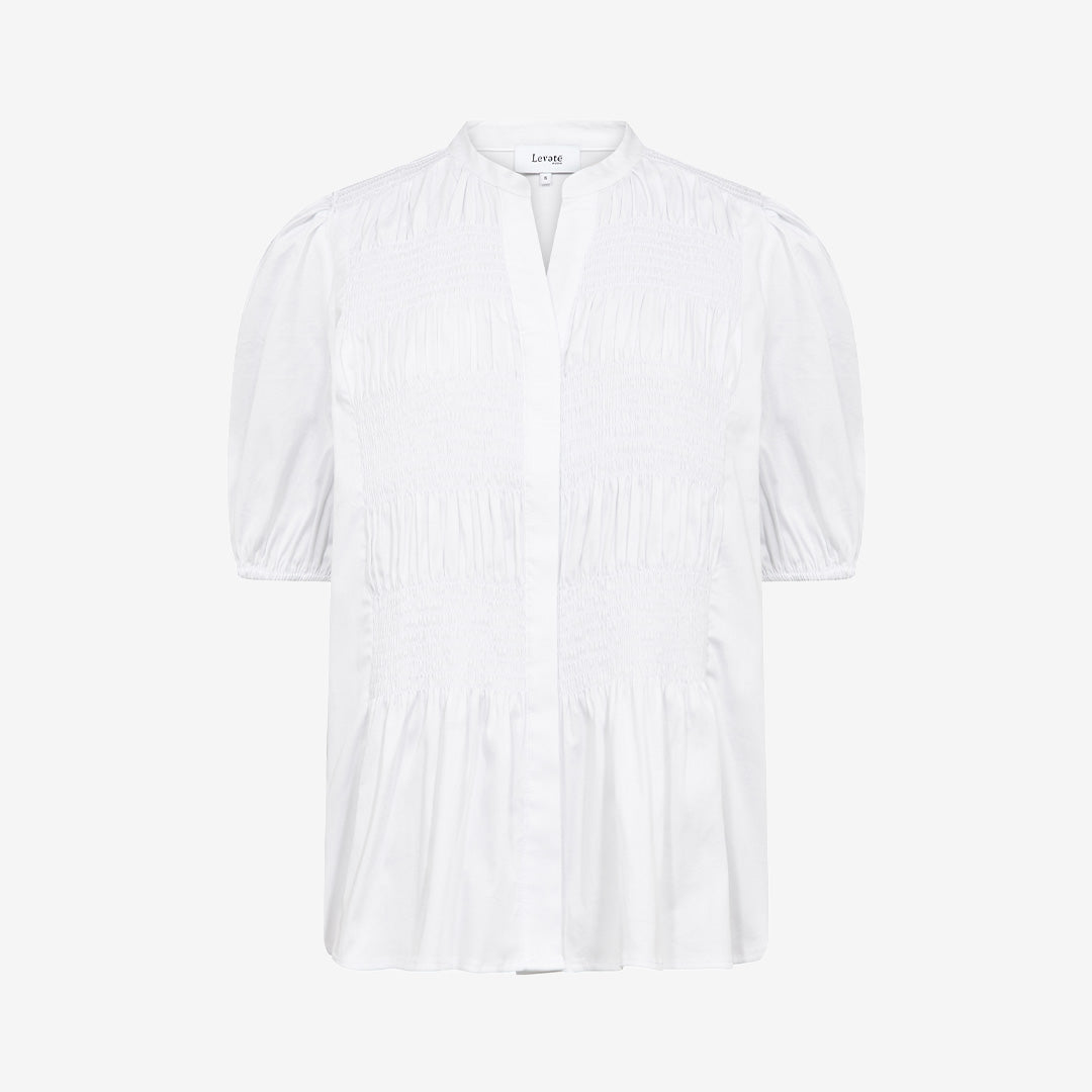 Vit skjorta LR-ISLA SOLID 137 med smockad framsida och ståkrage