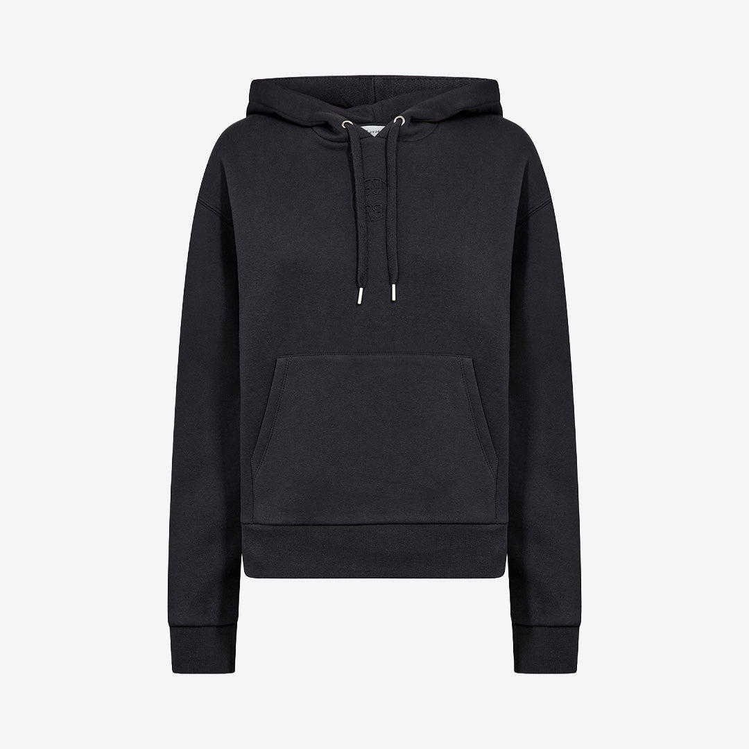 Mörkblå hoodie LR-NUKA 21 med huva, ribbade muddar och ficka framtill