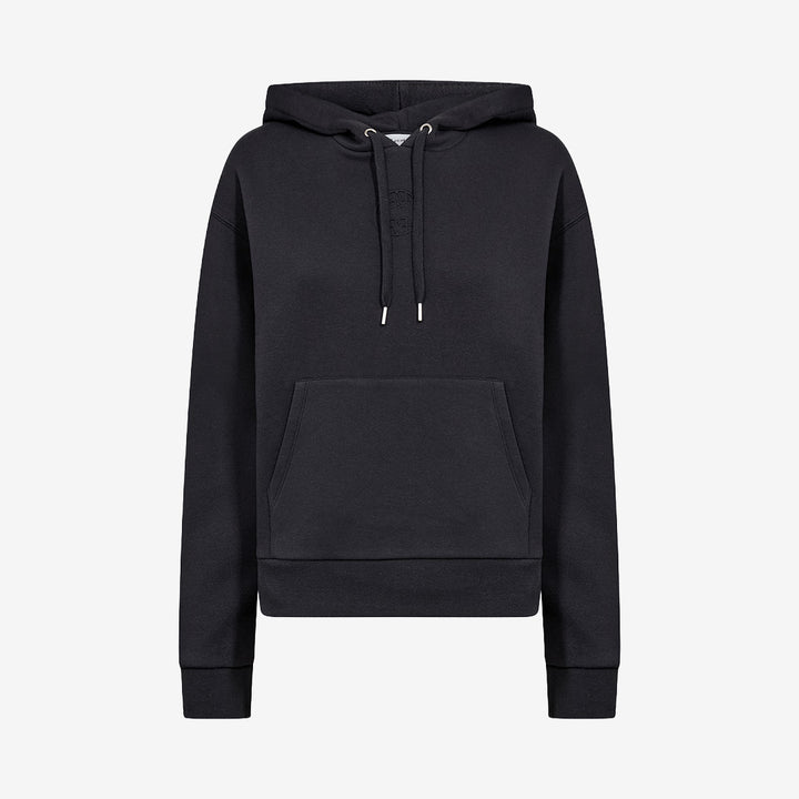 Mörkblå hoodie LR-NUKA 21 med huva, ribbade muddar och ficka framtill