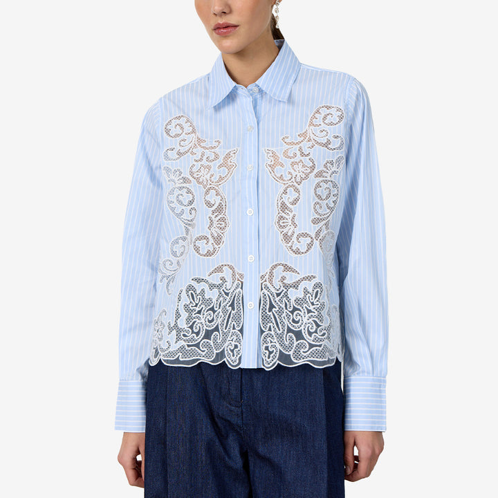 Skjorta LR-PIPPIN 1 Heather Combi med kritstrecksrandigt mönster och spetsdetaljer