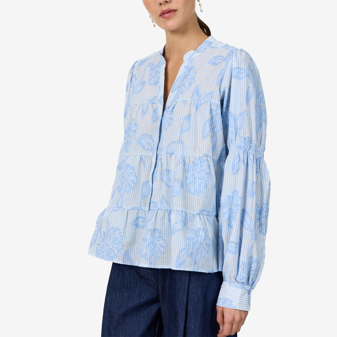 Skjorta LR-PISA 2 Heather Combi med blommönster, V-ringning och knäppta manschetter