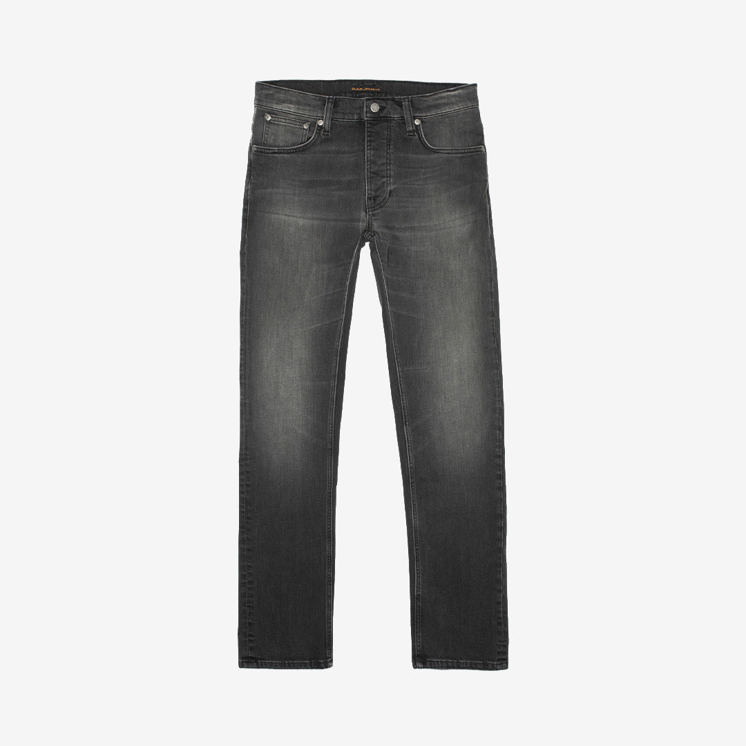 Nudie Jeans Grim Tim slim fit-jeans för herr i Black Mist Black Wash med låg midja och rak benvidd.