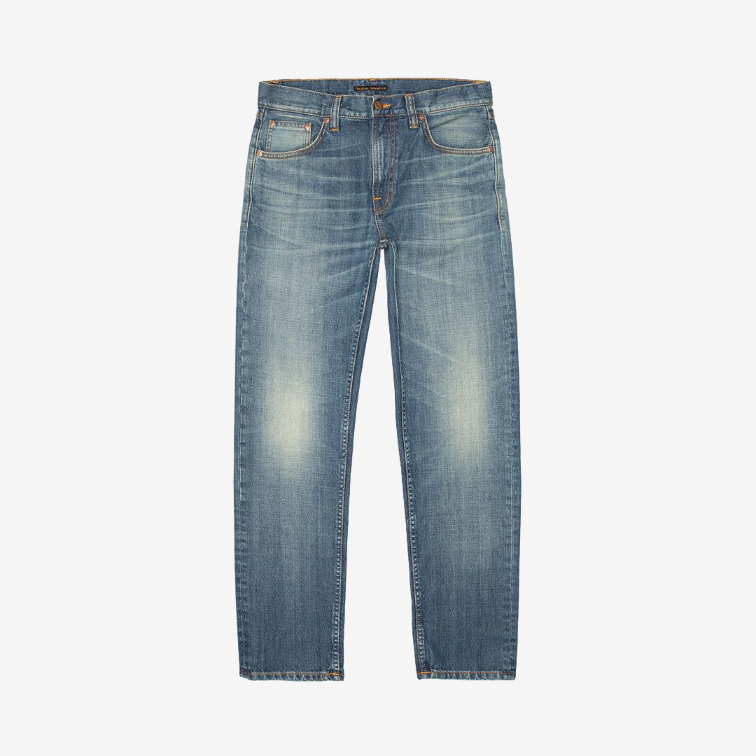 Nudie Jeans Gritty Jackson jeans för herr i Tidal Waves Mid Blue Wash med regular fit, rak benvidd och slitningar.