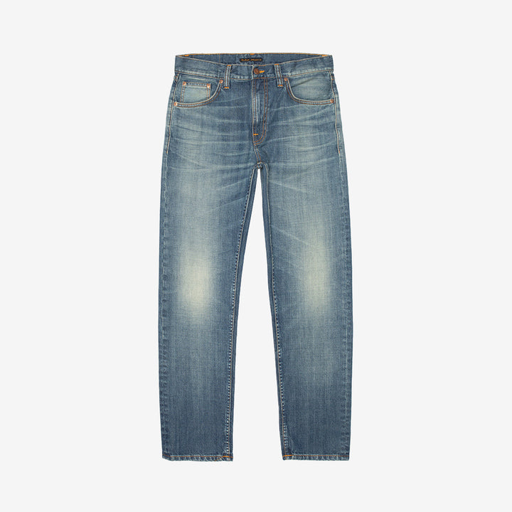 Nudie Jeans Gritty Jackson jeans för herr i Tidal Waves Mid Blue Wash med regular fit, rak benvidd och slitningar.