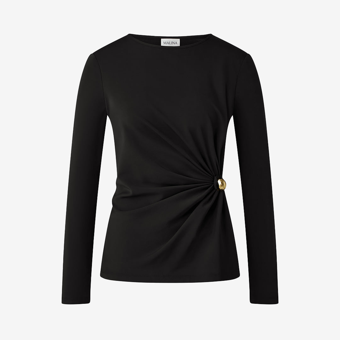 Mailey Jersey Brooch Long Sleeve Top i svart med dekorativ broschdetalj
