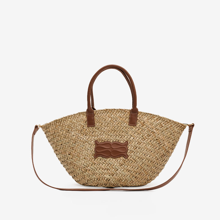 Large Leather Trimmed Monogram Straw Tote