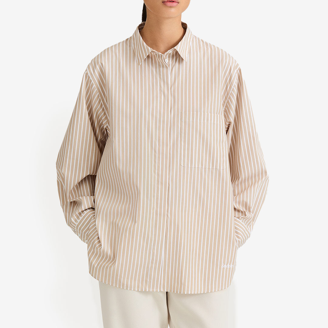 Stylein Jansell Shirt – beige randig skjorta i Tencel med vida ärmar