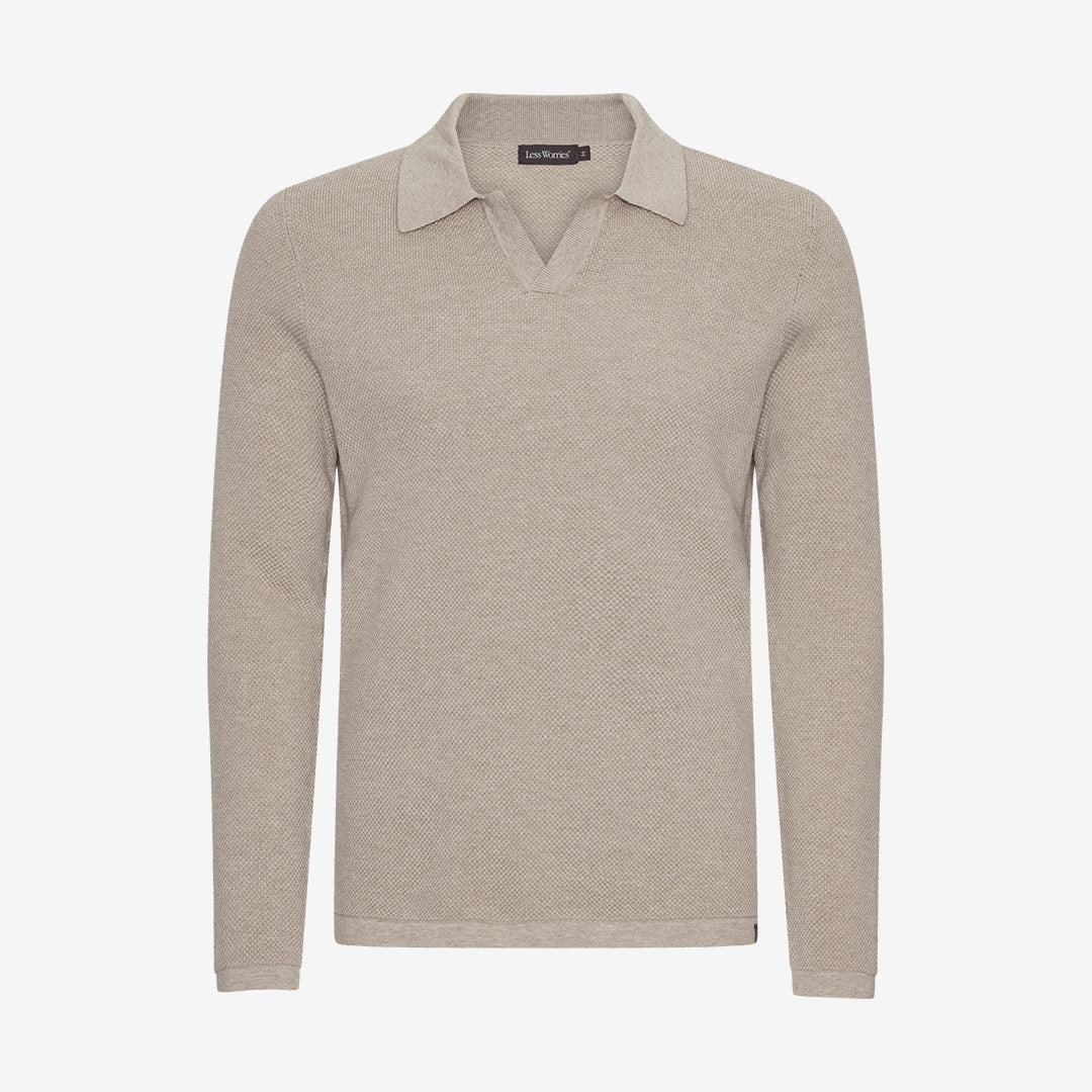 Less Worries Resort Sweater sand stickad tröja med krage herr