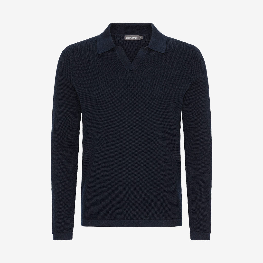 Less Worries Resort Sweater navy stickad tröja med krage herr