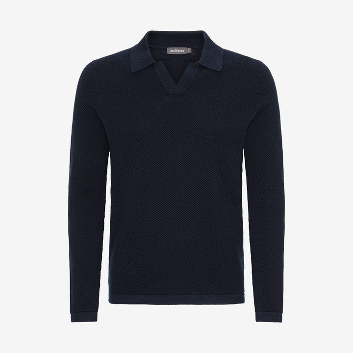 Less Worries Resort Sweater navy stickad tröja med krage herr
