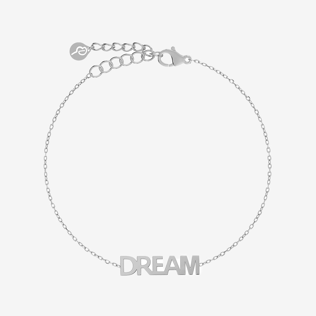 Dream armband i blankt rostfritt stål med utskuren text och tunn ankarkedja