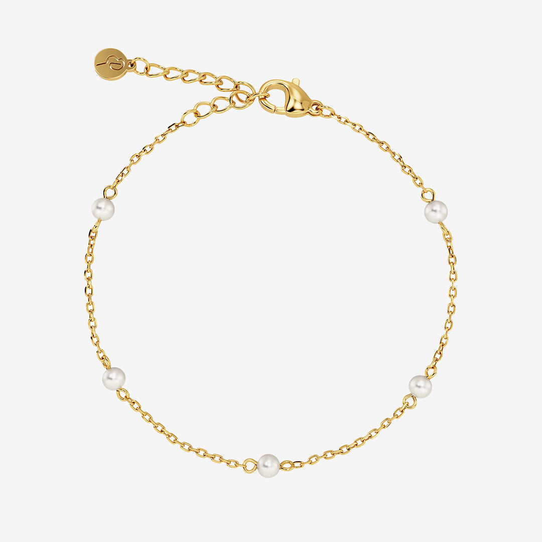 Lilo armband i 14K guldplätering på rostfritt stål med pärlor och pärlemorpärla, längd 16–19 cm