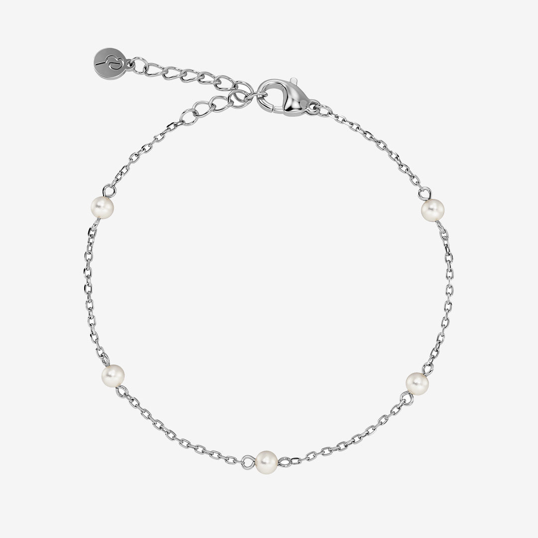 Lilo armband i blankt rostfritt stål med metallpärlor och pärlemorpärla, längd 16–19 cm