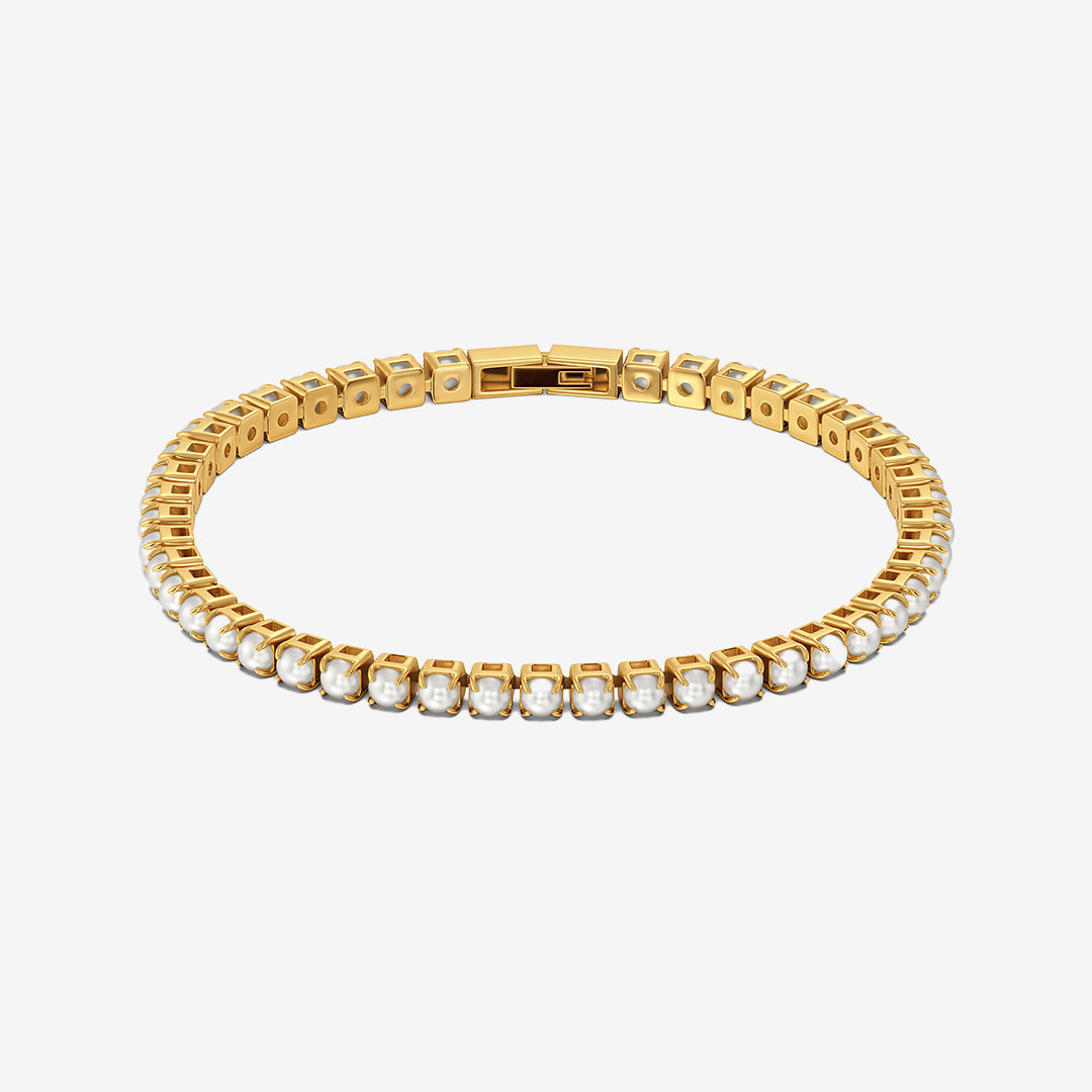 Lilo multiarmband i 14K guldplätering på rostfritt stål med pärlor och pärlemorpärla, bredd 3 mm