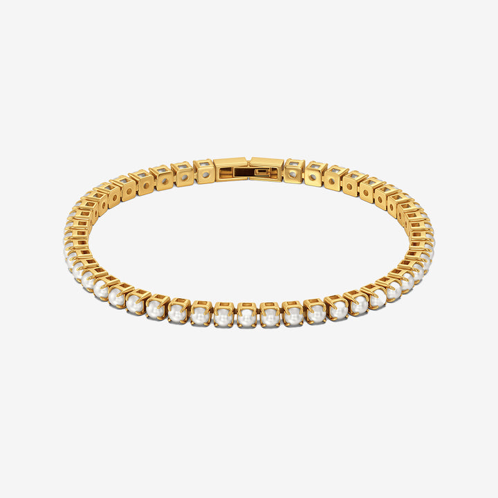 Lilo multiarmband i 14K guldplätering på rostfritt stål med pärlor och pärlemorpärla, bredd 3 mm