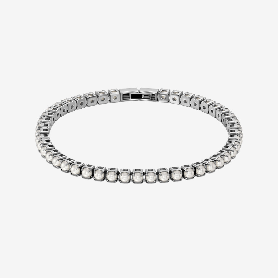 Lilo multiarmband i blankt rostfritt stål med metallpärlor och pärlemorpärla, bredd 3 mm