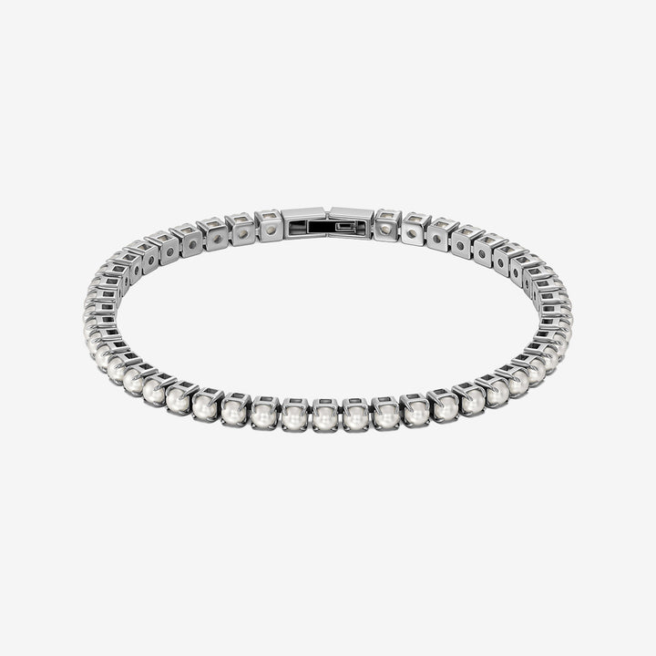 Lilo multiarmband i blankt rostfritt stål med metallpärlor och pärlemorpärla, bredd 3 mm