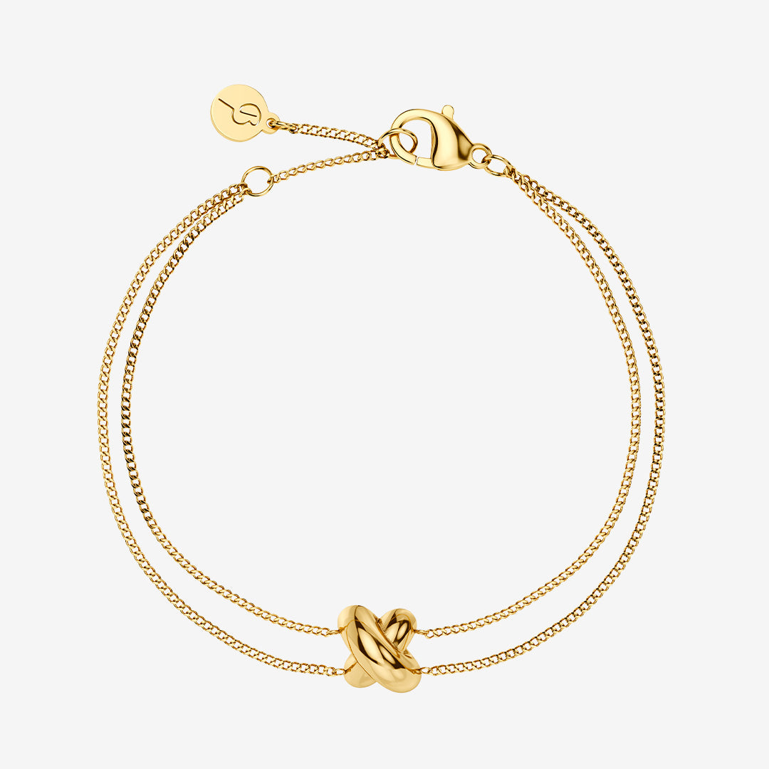 Alexa Bracelet guldarmband i rostfritt stål med 14K guldplätering, dubbel kedja och skulptural X-form