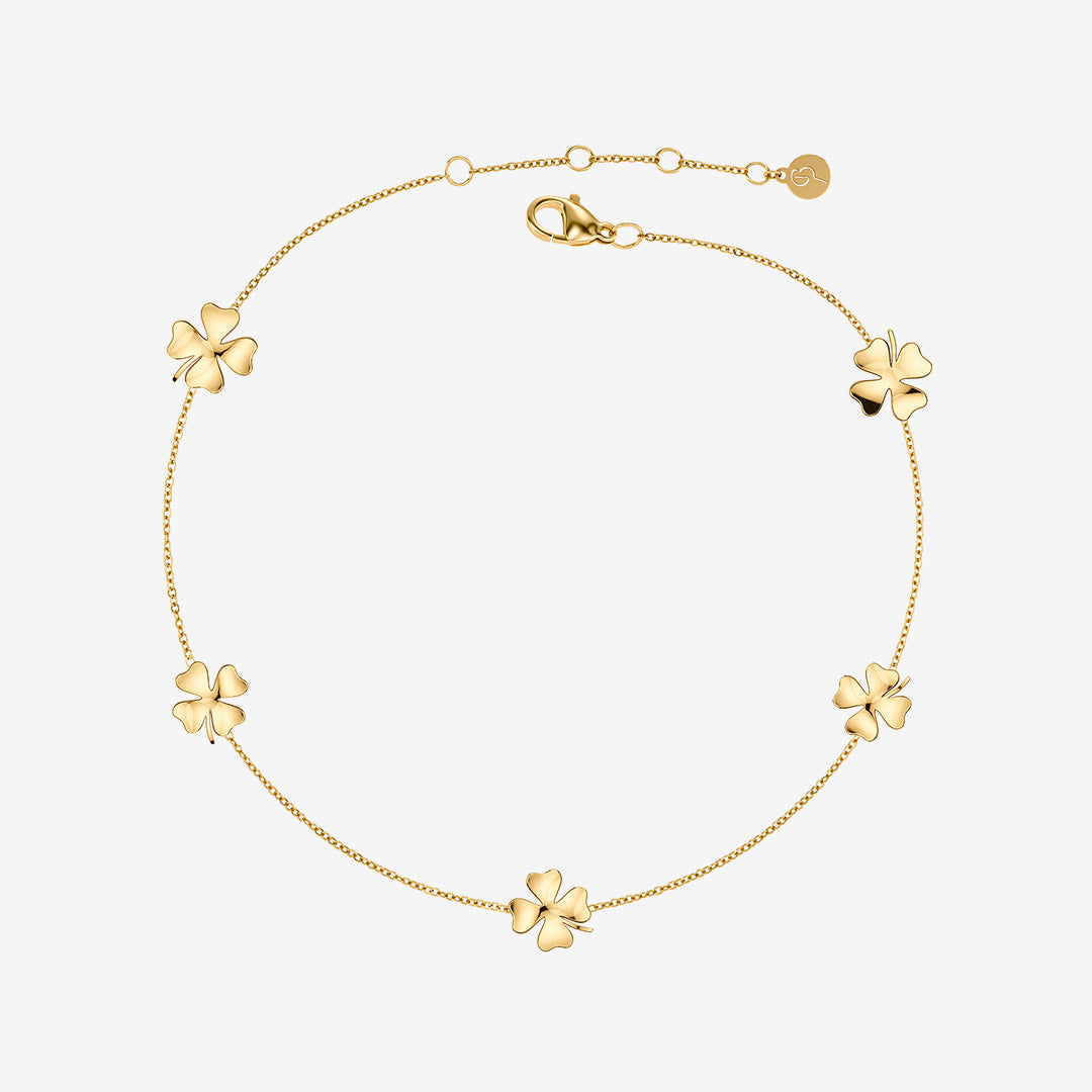 Lucky Mini Anklet Gold fotlänk i guldpläterat rostfritt stål med fem fyrklöver