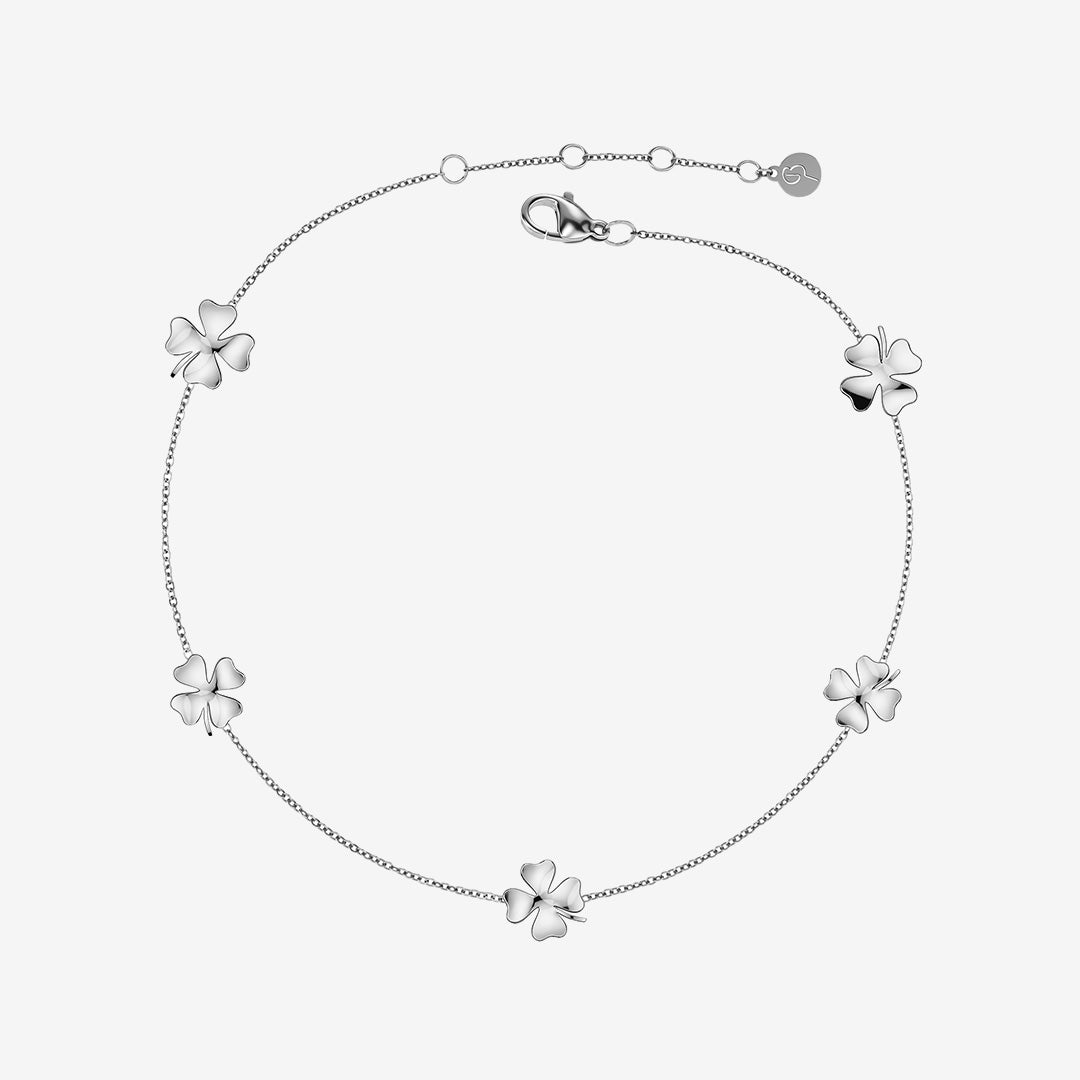 Lucky Mini Anklet Steel fotlänk i blankt rostfritt stål med fem fyrklöver