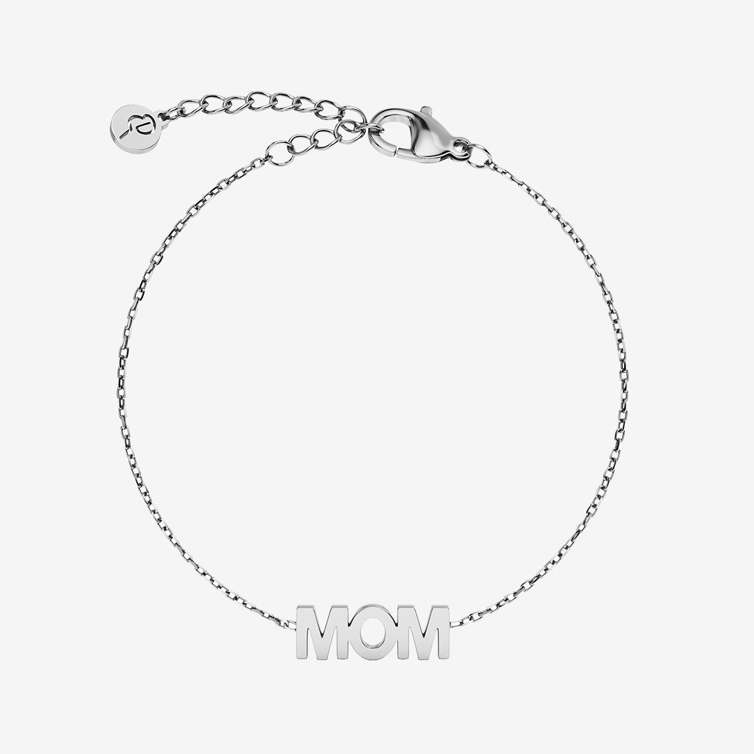 Silverfärgat MOM armband med text och fasettslipad ankarkedja i rostfritt stål