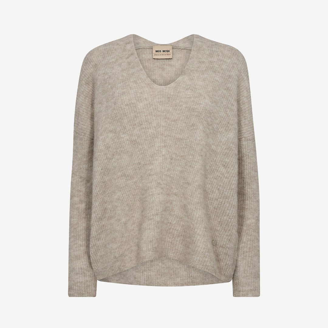 Beige stickad pullover med V-ringning i mjuk alpaca- och ullblandning.